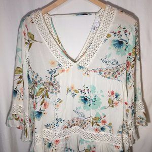 Floral Flowy V-Neck Top with Crochet Embellishment